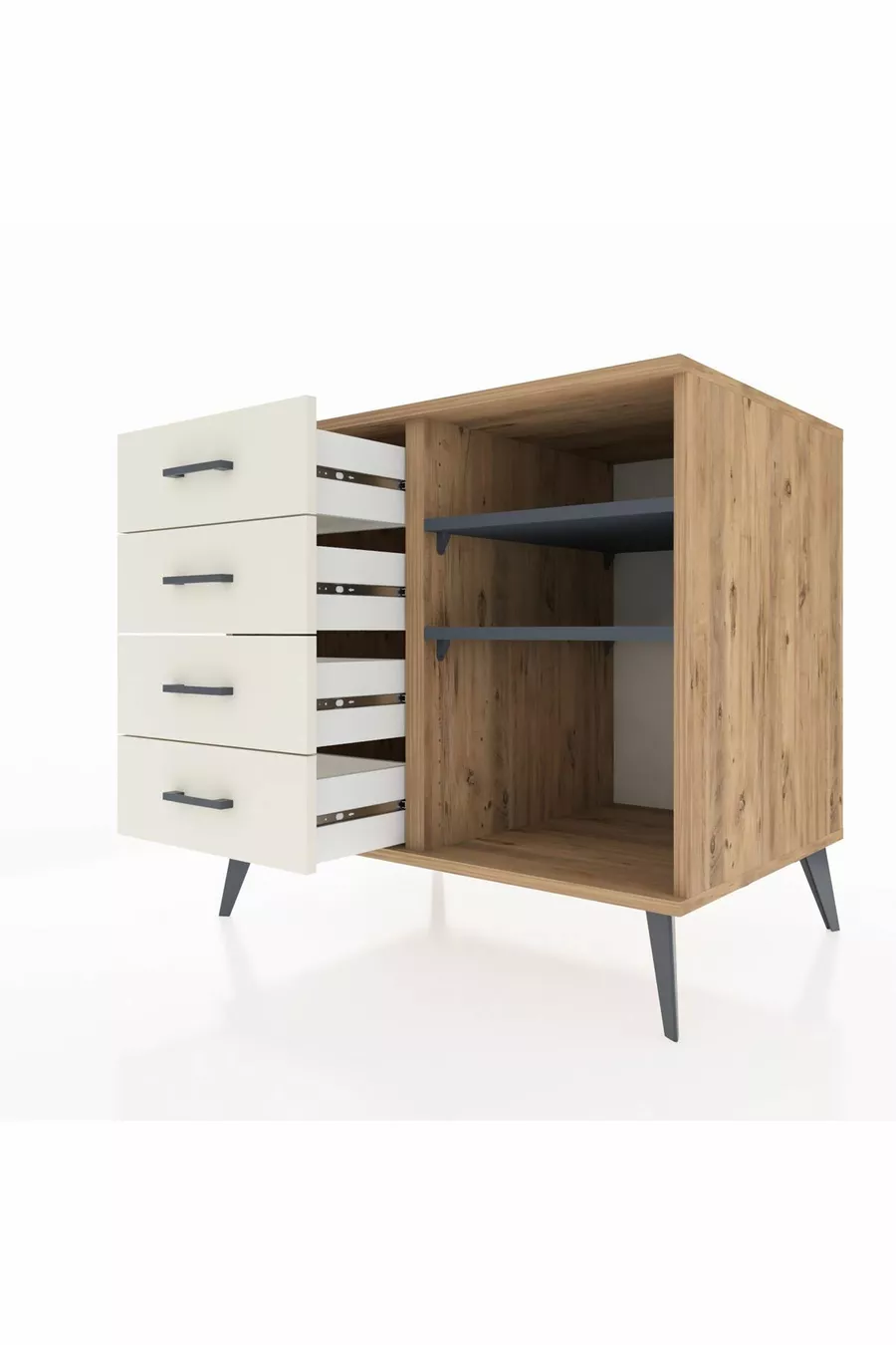 Commode Kronos 2 étagères 4 tiroirs Pin-Anthracite / Pierre de Lune