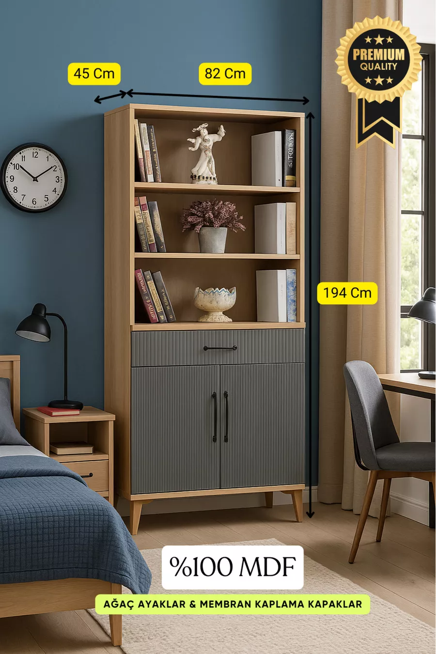 Set Comò con Ante Ege & Libreria | Corpo in MDF | Gambe in Legno | Moderno e Funzionale