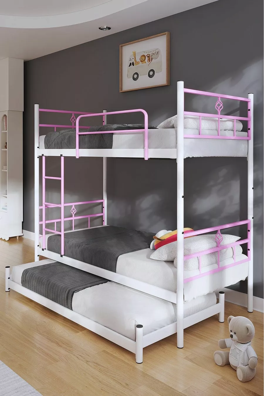 Koza Etagenbett mit Gästebett, geeignet für 3 Personen, Hellrosa Metallbett