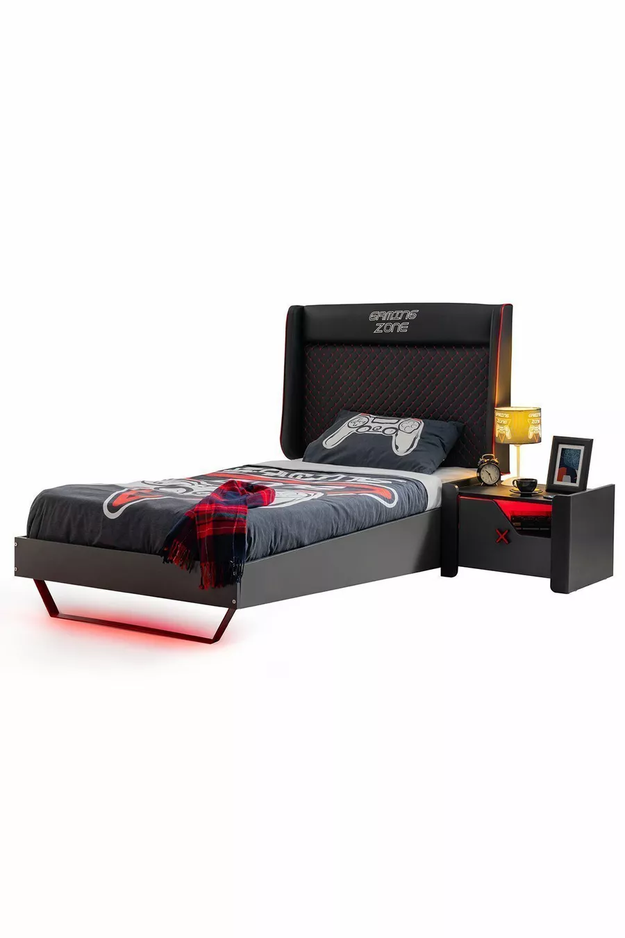 Jugendzimmer mit Gamer-LED - 2-türiger Schrank, Bett, Nachttisch, Kommode, Schreibtisch