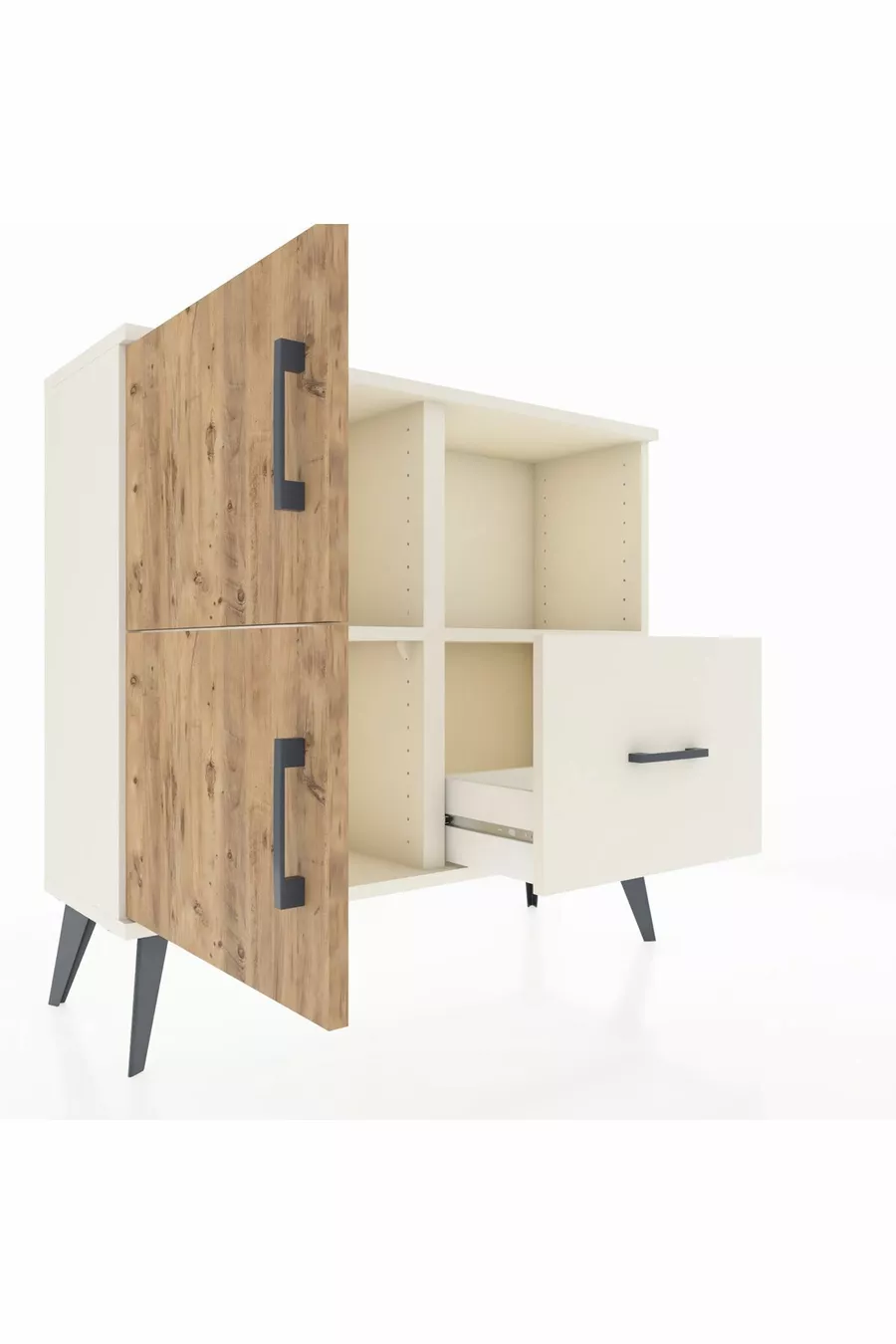 Commode Arges avec 2 étagères, 1 tiroir, 2 portes, couleur Pierre de lune/Pin