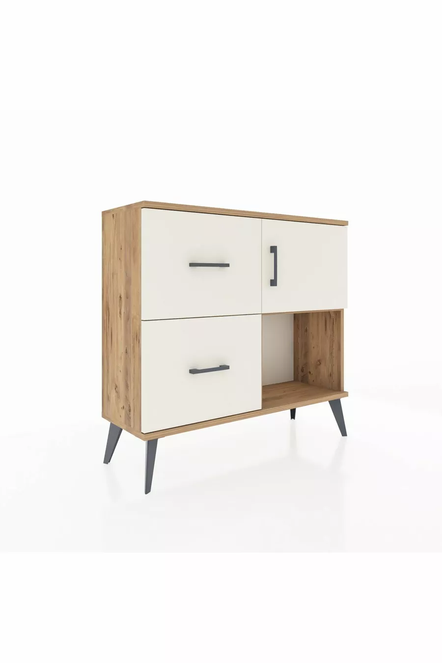 Commode Arges à une étagère, 2 tiroirs et une porte, pin et pierre de batte