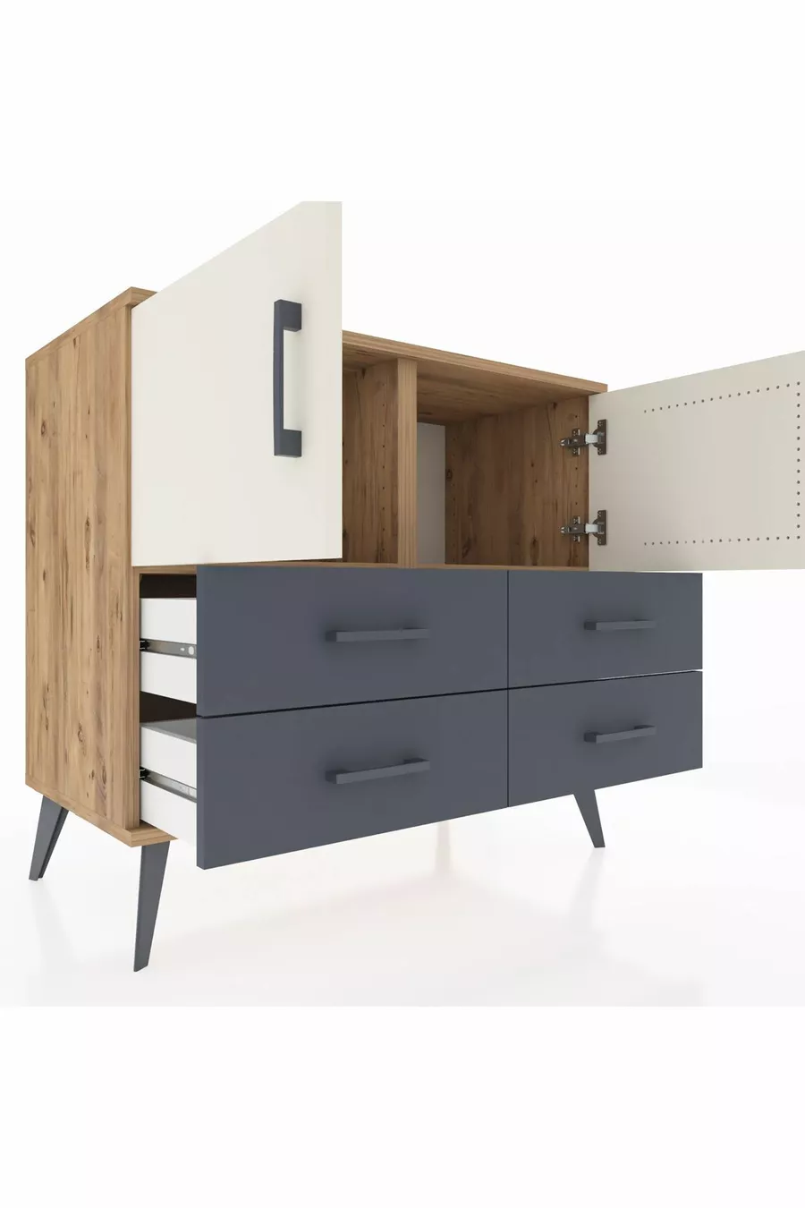 Commode Hyperion 2 étagères 4 tiroirs 2 portes Pin-Marbre/Anthracite