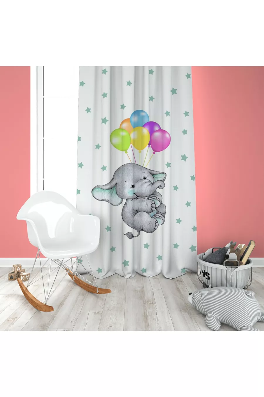 Ensemble pour chambre d'enfant avec éléphant volant en ballon (rideau de fond - couvre-lit et oreiller - tapis)
