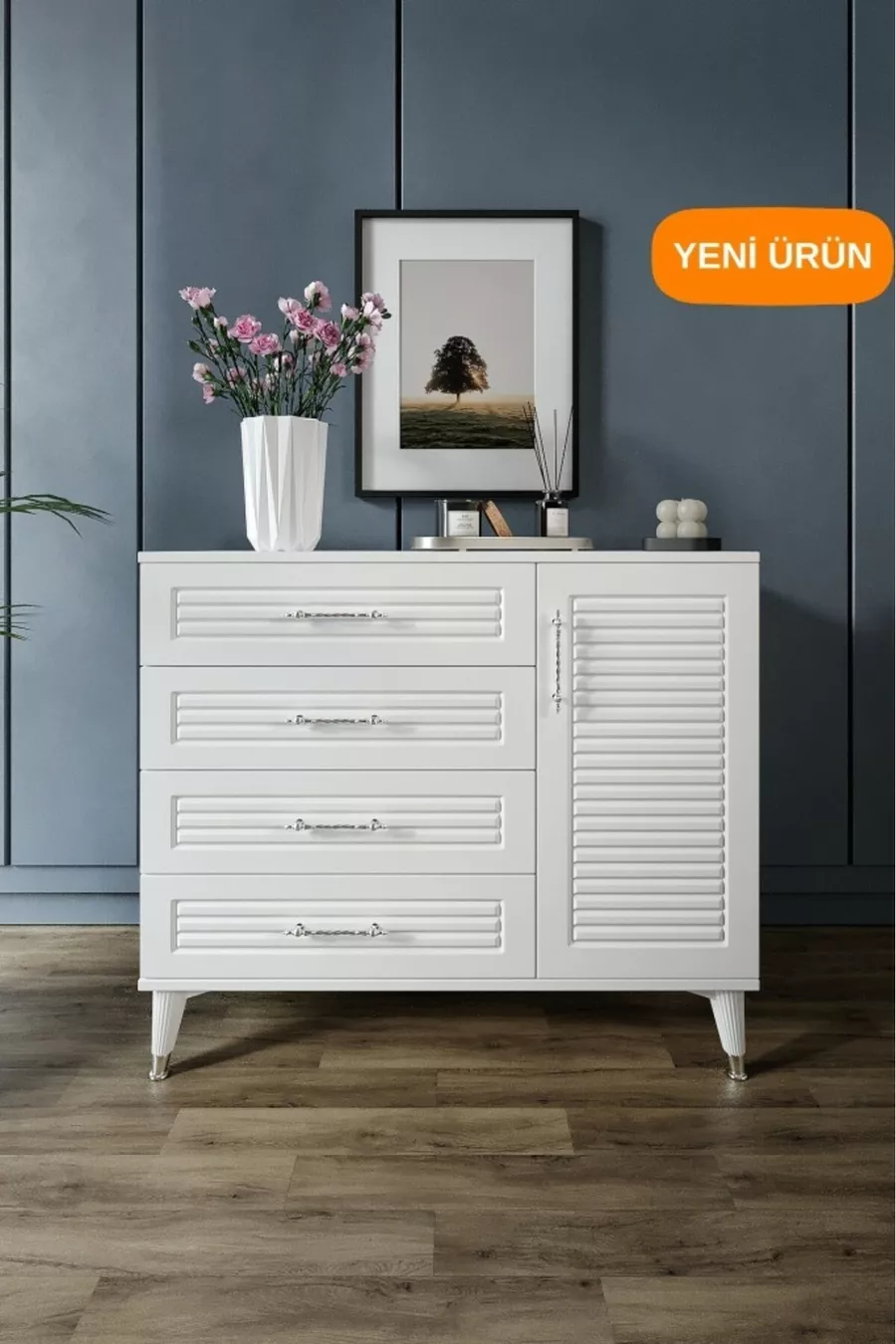 Panjurlu 4 Çekmeceli 1 Kapaklı Şifonyer Modern Tasarım, MDF Kapak, Beyaz Gümüş