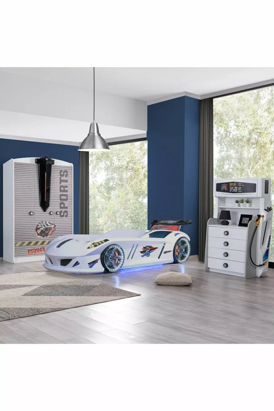 Детская комната - кровать с машинкой Jaguar и защитой от ветра, спортивный шкаф с 3 дверями, комод - белый