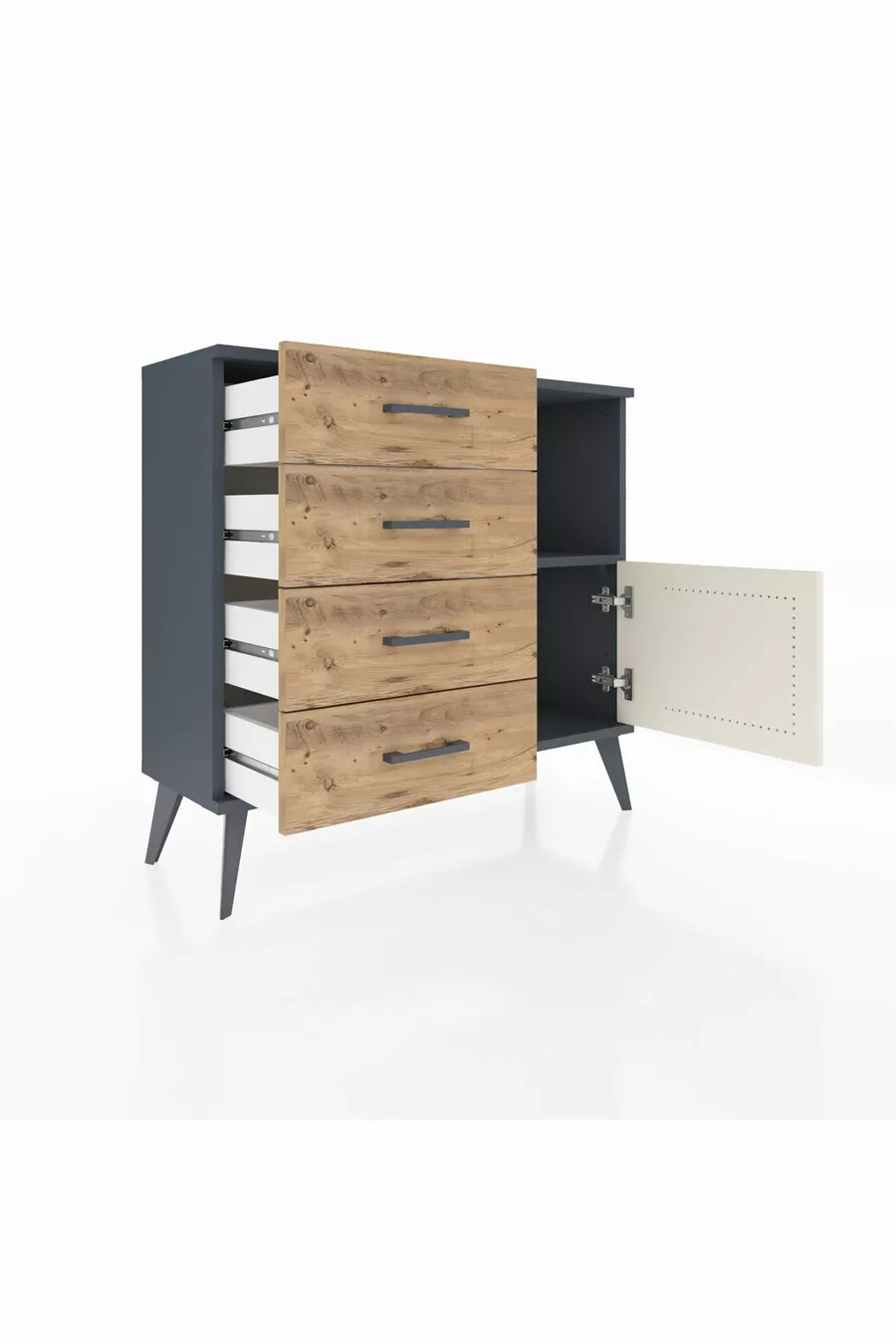 Commode Arges avec une seule étagère, 4 tiroirs et une porte, Anthracite-Pierre de lune/Pin
