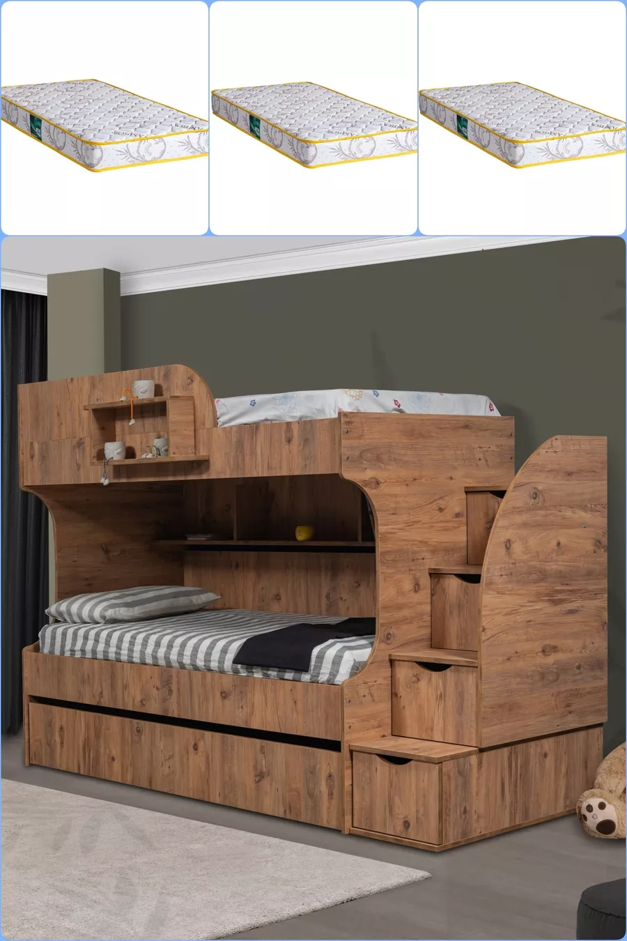 Letto a castello, Letto a castello Aura con lettino - 3 materassi comfort