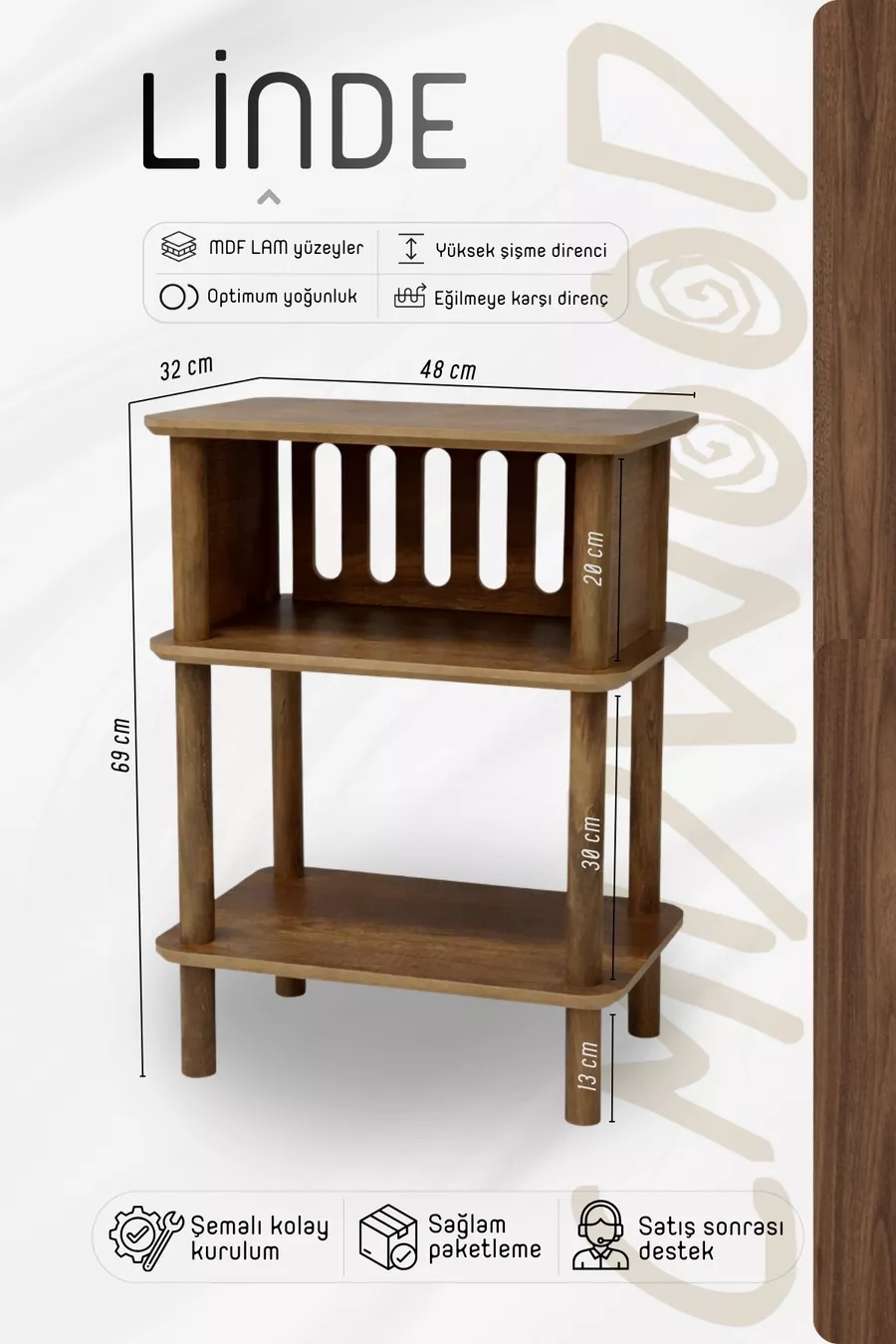 Linde Walnuss Nachttisch Minimalistisches MDF Laminat mit Holzfüßen Design; Schlafzimmer - Wohnzimmer - Büro