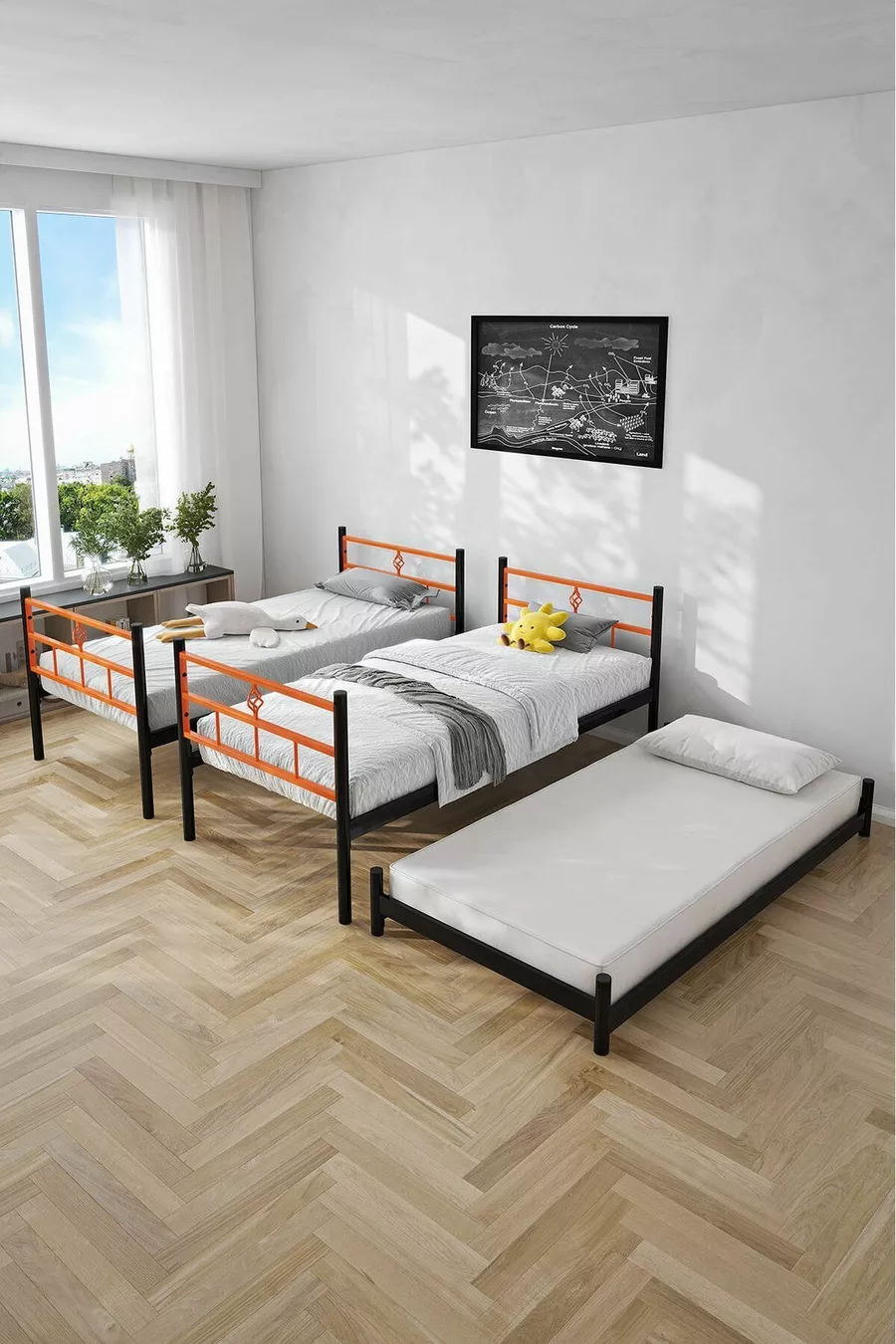 Koza Bunk Bed with Cradle, Compatible with Bed, 3-Person Orange Metal Bunk Bed