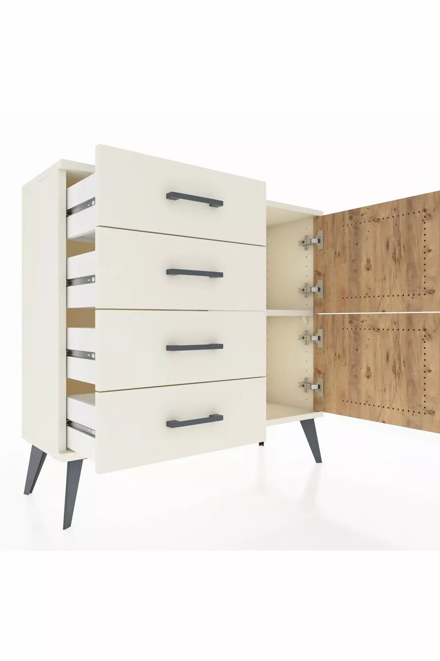 Commode Arges à une étagère, 4 tiroirs et 2 portes, Pierre de lune-Sapin/Pierre de lune