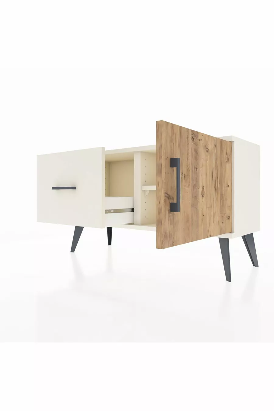 Commode Arges avec une étagère, un tiroir et une porte, coloris Pierre de Lune-Pin/Pierre de Lune