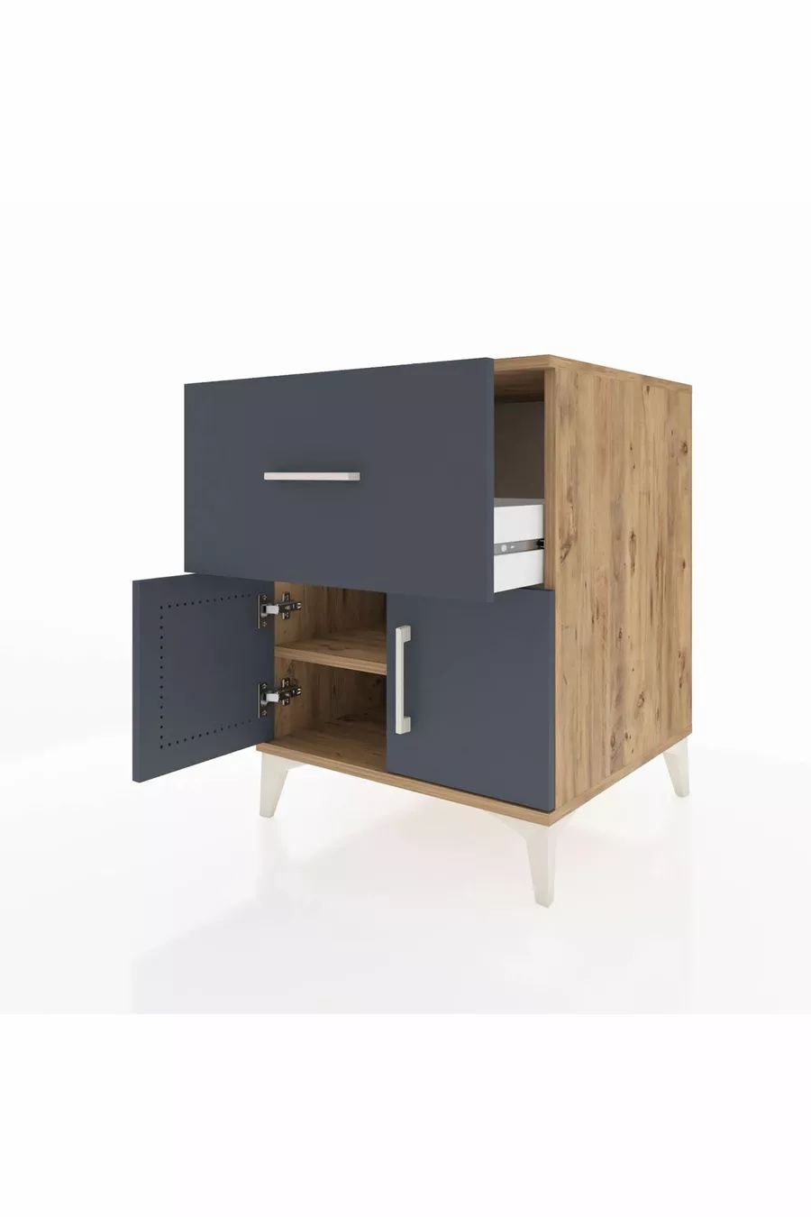 Table de chevet Kronos avec une étagère, un tiroir et deux portes, pin-anthracite