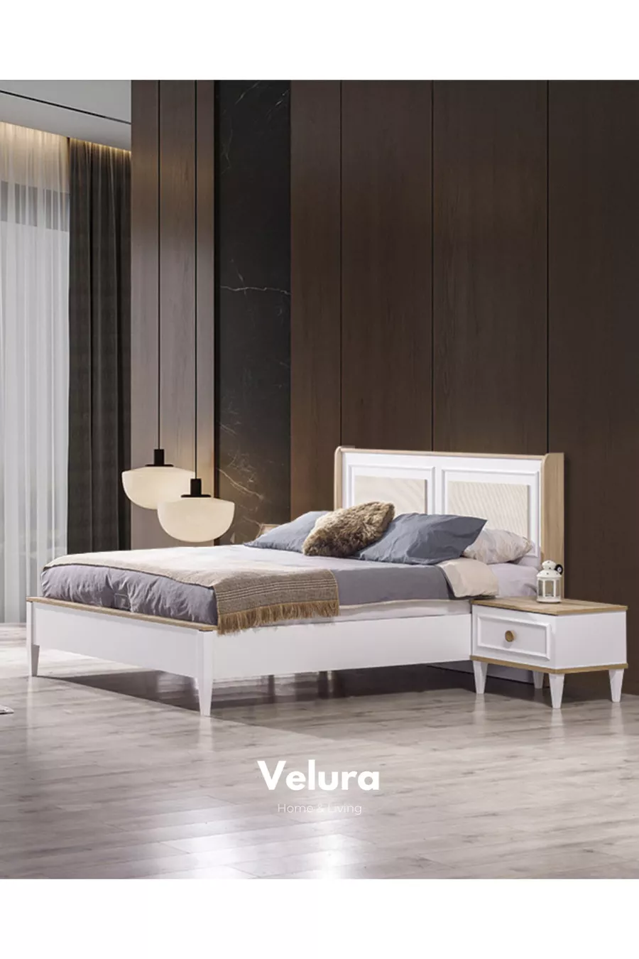 Set camera da letto in legno (Armadio + Comò + Comodino + Letto)