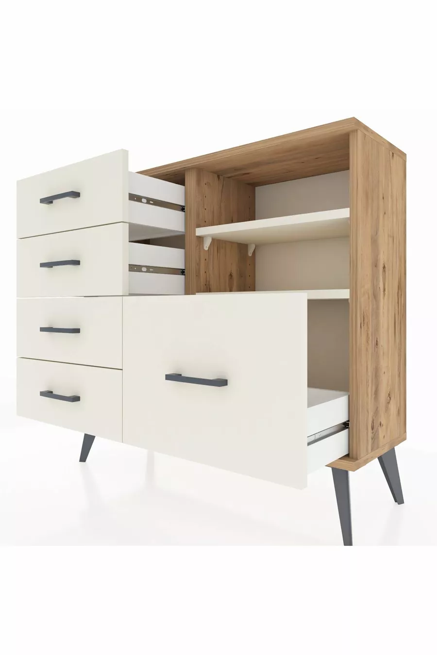 Commode Arges 2 étagères 5 tiroirs Pin-Pierre de lave