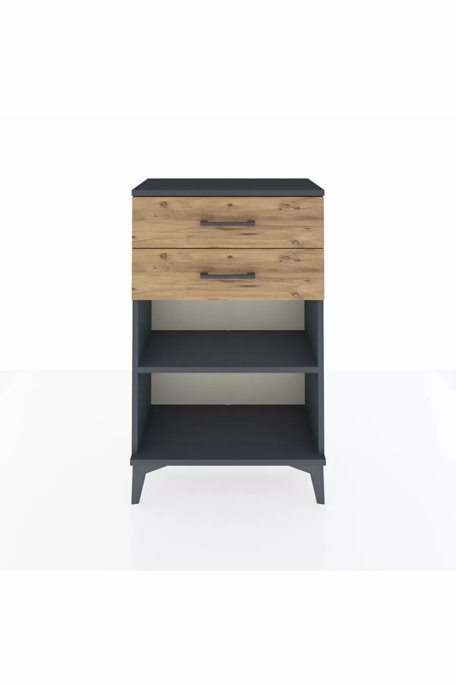 Chevet Arges à une étagère et deux tiroirs Anthracite-Pin