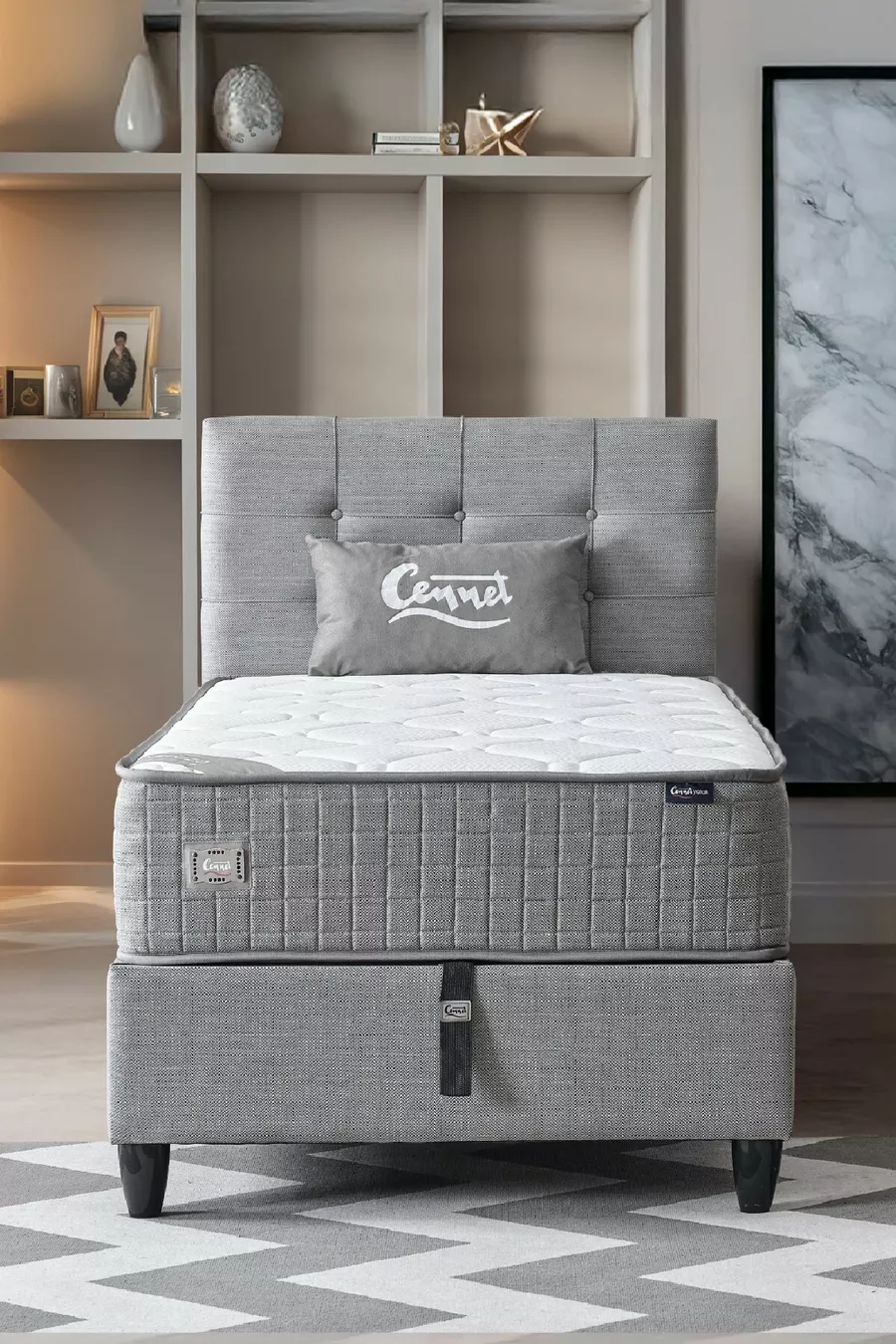 Mimoza Modell Einzelbett Komplett Orthopädisches Antibakterielles Bettgestell mit Matratze und Kopfteil 3-teiliges Set