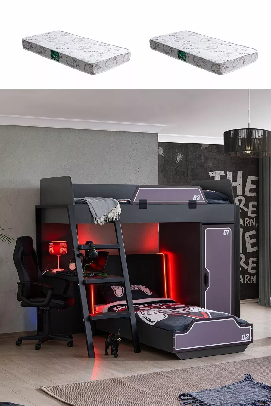 Camera da gioco con letto a castello, letto a castello Gamer con LED, scrivania, armadio e 2 letti comfort
