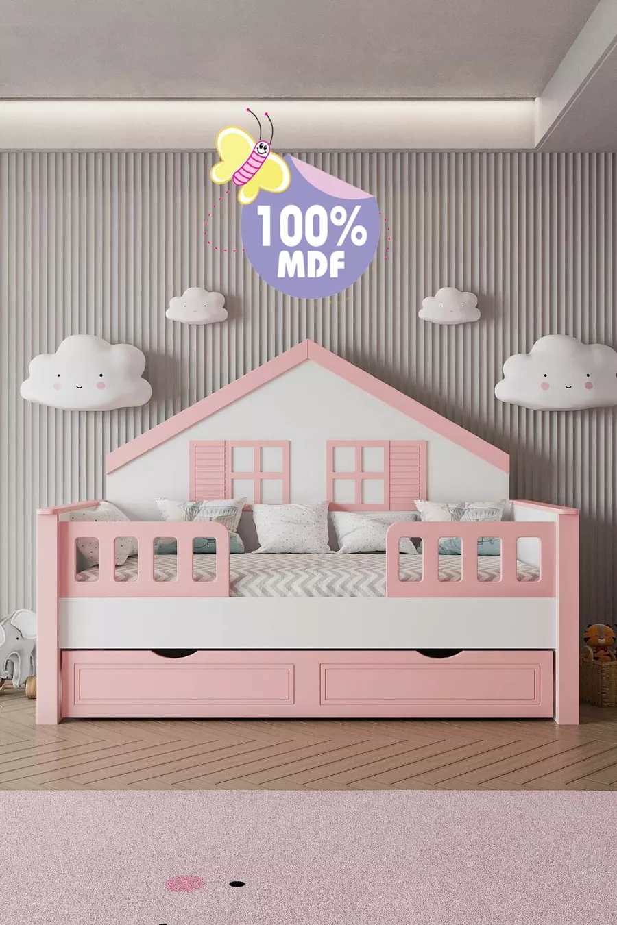 % Materiale MDF Letto Montessori per Bambini con Baldacchino, Rosa