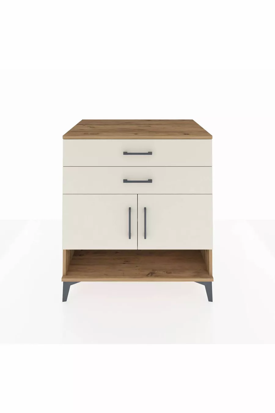 Commode Kronos avec 2 étagères, 2 tiroirs et 2 portes, en pin et pierre de lune