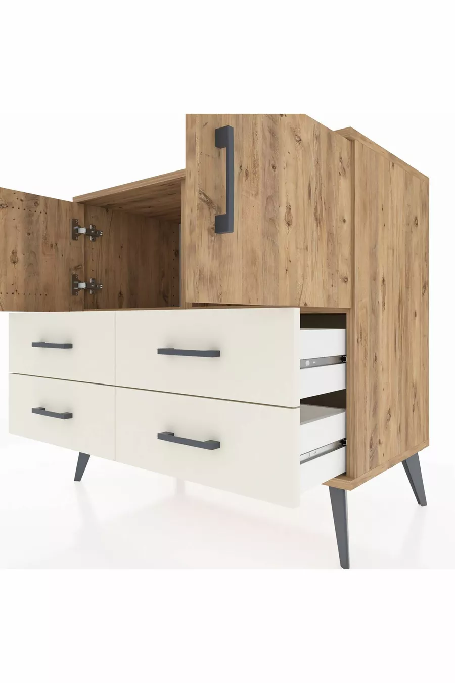 Commode Hyperion avec 2 étagères, 4 tiroirs, 2 portes, en pin-pin/aventurine