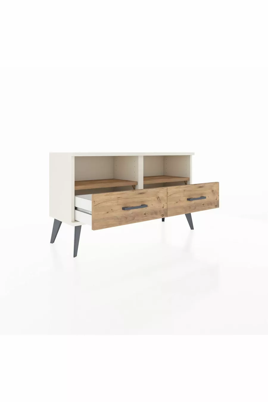 Commode Arges avec 2 étagères et 2 tiroirs, couleur Pierre de Lune-Pin