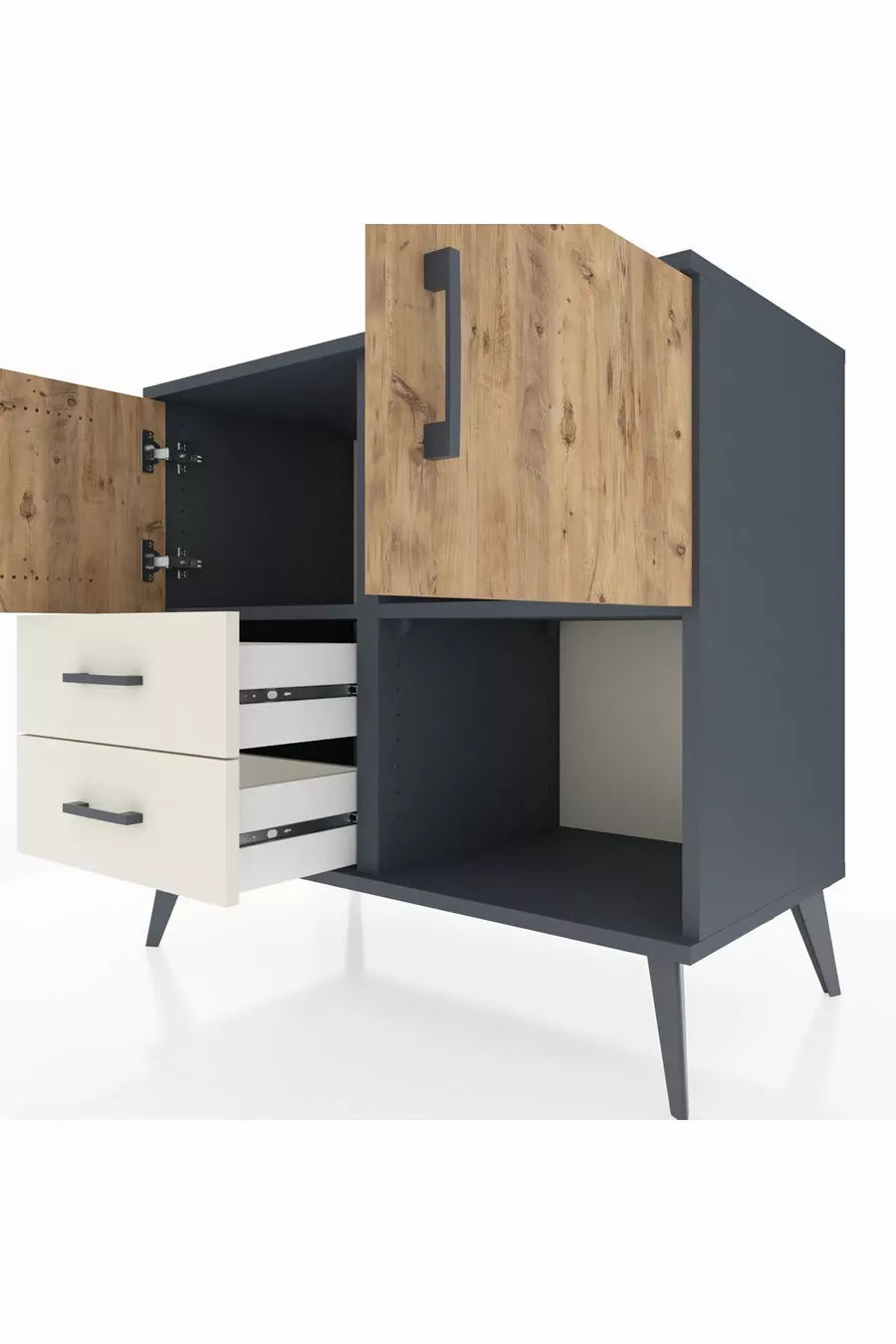 Commode Hyperion 2 étagères 2 tiroirs 2 portes Anthracite-Pin/Gris pierre