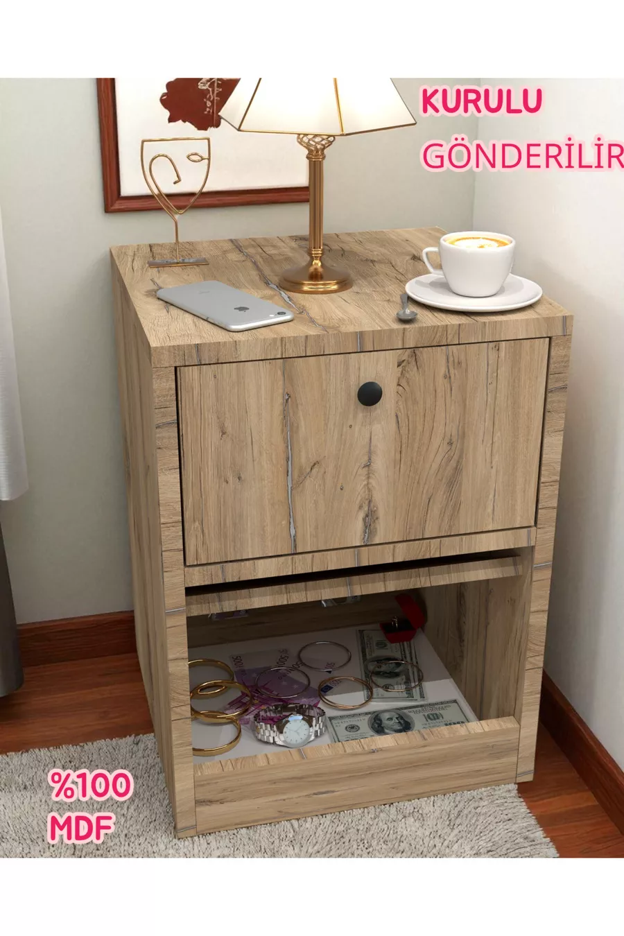 Bedside table with lock and secret compartment, MDF, delivered assembled, no assembly required