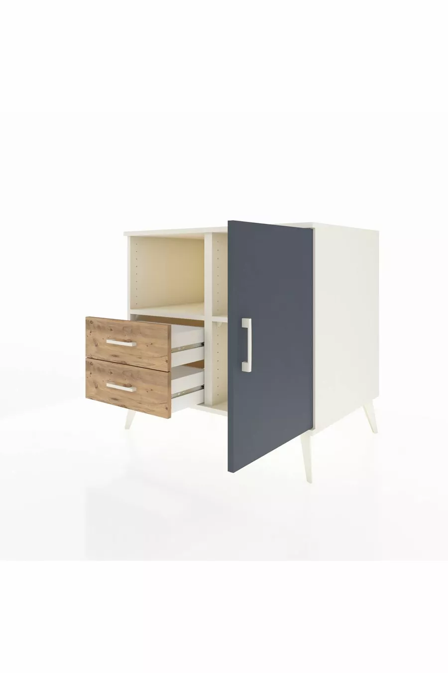 Commode Kronos à 2 étagères, 2 tiroirs, 1 porte, Pierre de lune-Anthracite/Pin