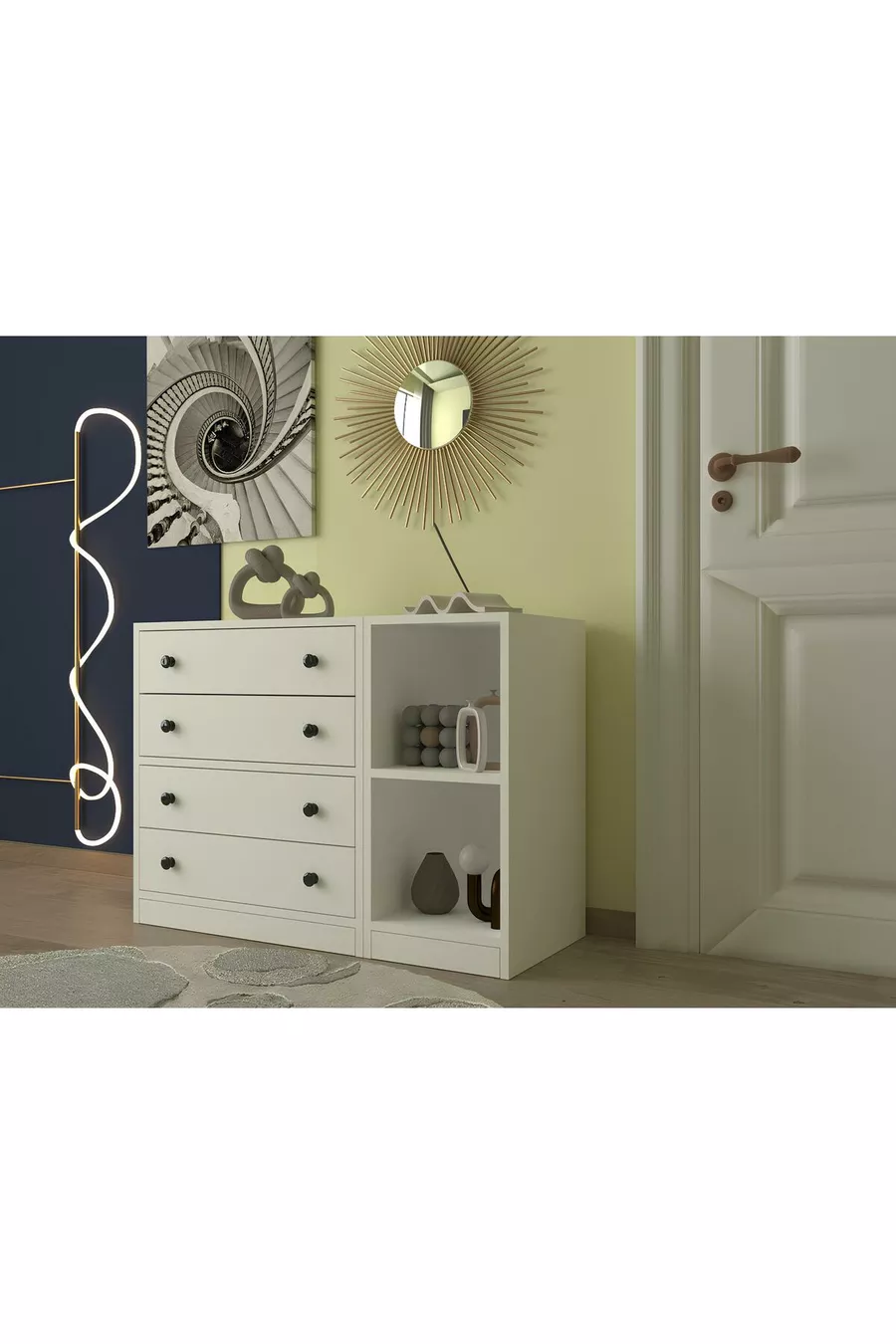 Unité de rangement modulaire avec 4 tiroirs, commode à étagères ouvertes et table de chevet