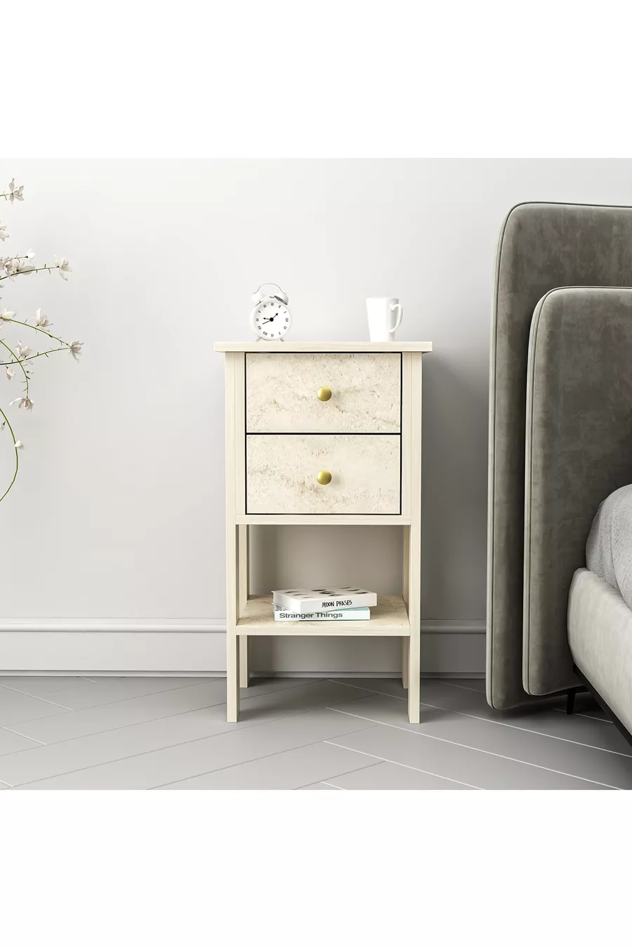 MANDOSI DOUBLE DRAWER NIGHTSTAND TRAVERTINE