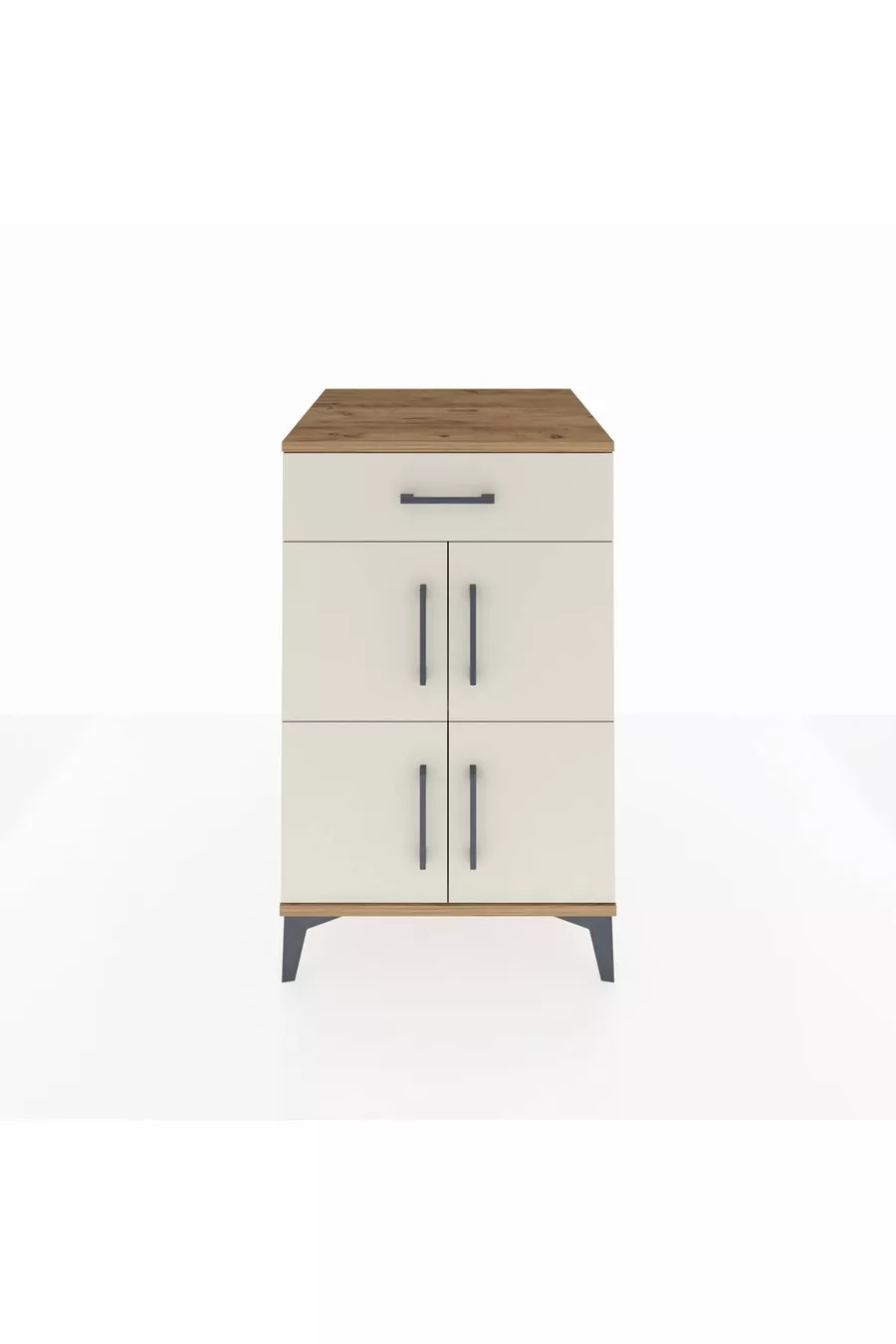 Table de chevet Kronos avec une étagère et un tiroir, 4 portes, pin-pierre de lave
