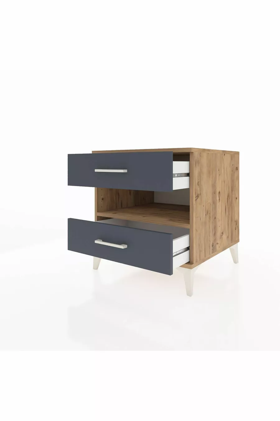Chevet Kronos à une étagère et deux tiroirs, pin-anthracite