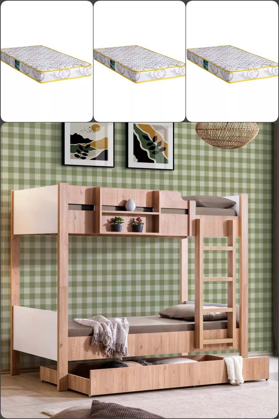 Lits superposés, lit superposé avec nid d'Asya amovible, Noyer - Blanc + 3 matelas Comfort