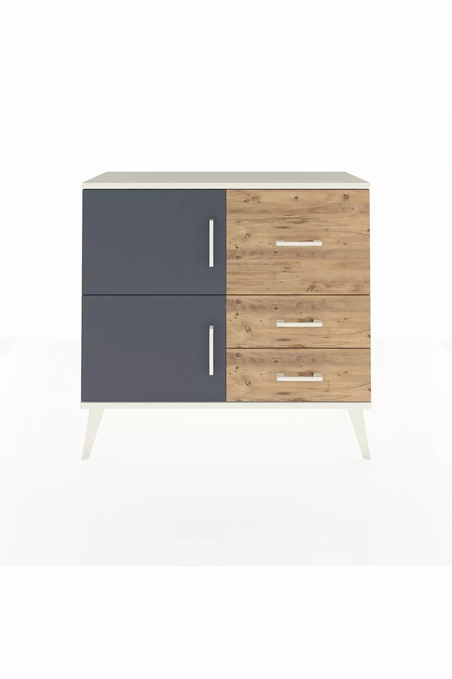 Commode Arges à une étagère, 3 tiroirs et 2 portes, Pierre de lune-Anthracite/Sapin