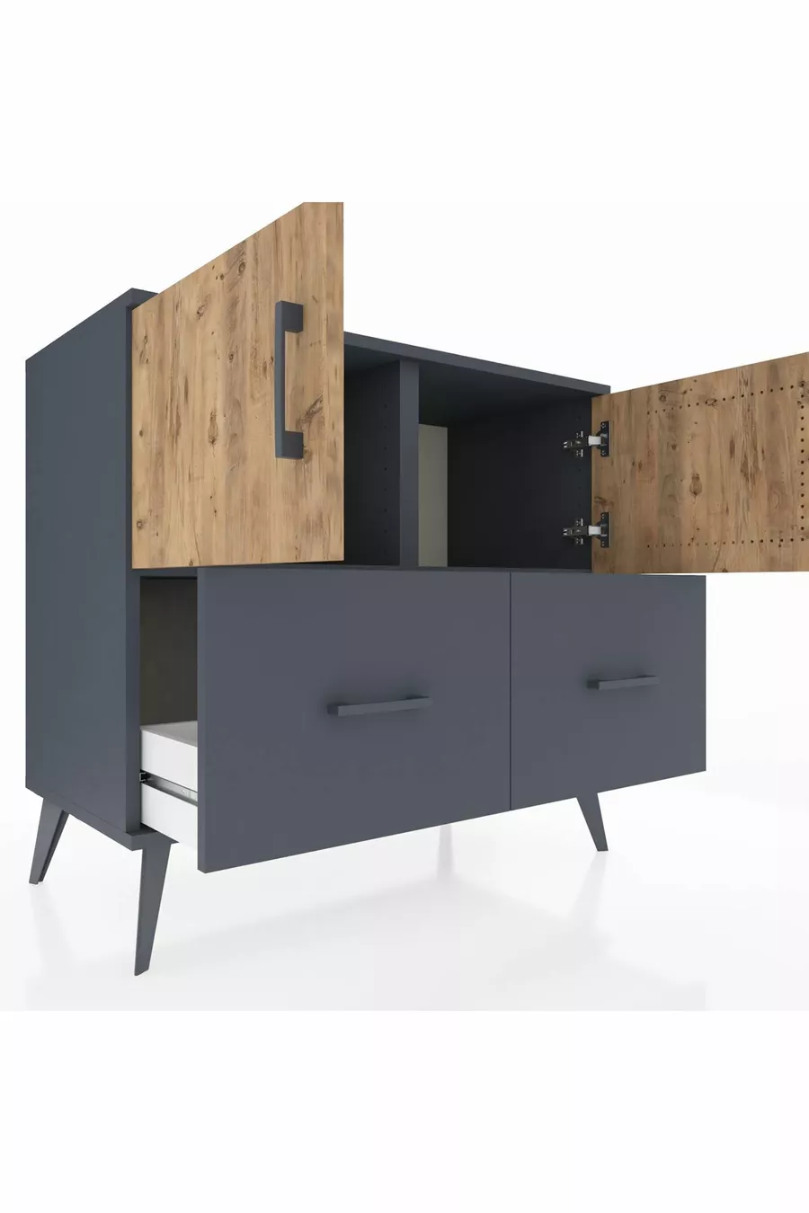 Commode Hyperion 2 étagères 2 tiroirs 2 portes Anthracite-Sapin/Anthracite