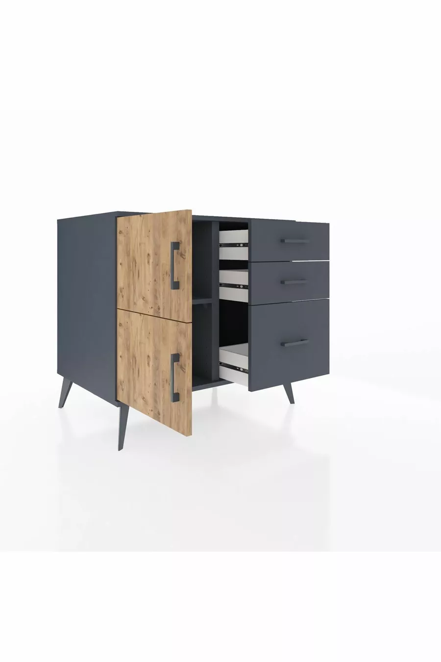 Commode Kronos à une étagère, 3 tiroirs, 2 portes, Anthracite-Sapin/Anthracite