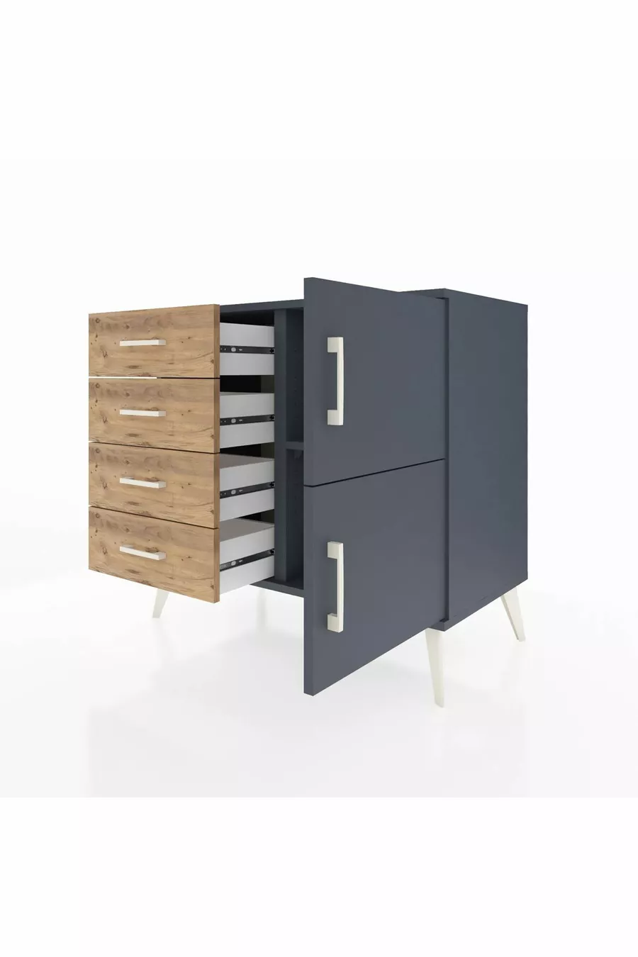 Commode Hyperion à une étagère, 4 tiroirs et 2 portes Anthracite-Anthracite/Sapin