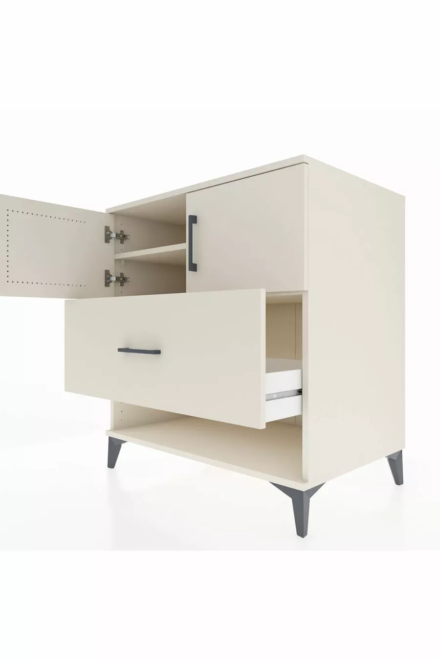 Commode Kronos avec 2 étagères, 1 tiroir et 2 portes, Pierre de Lune-Pier de Lune