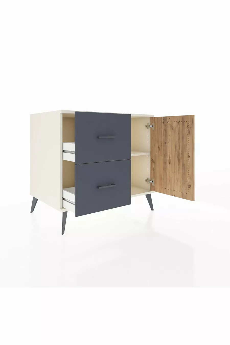 Commode Kronos à une étagère, 2 tiroirs, 1 porte, Pierre de Lune/Pin/Anthracite