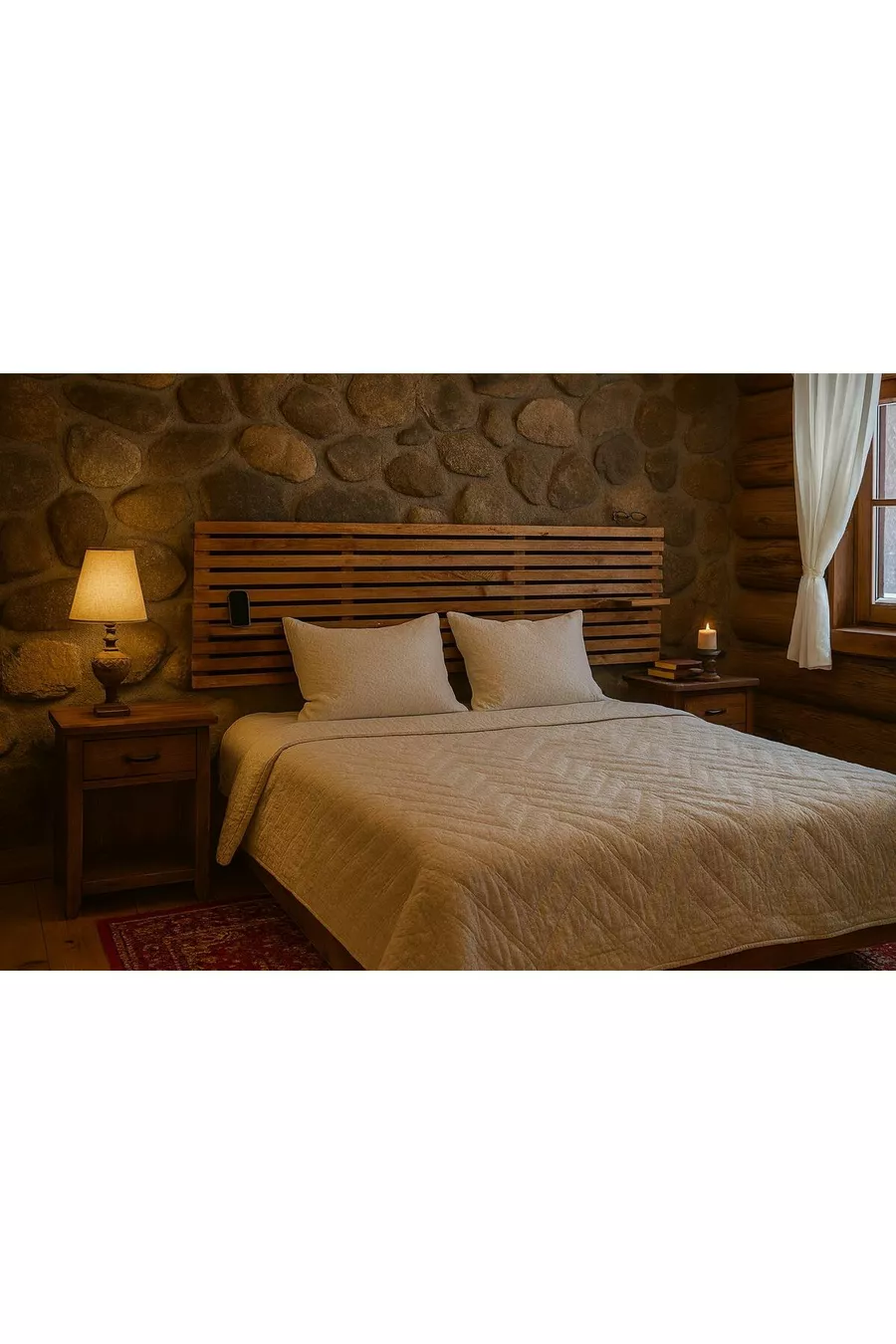 Tête de lit en bois massif couleur noyer + 2 étagères en bois massif couleur noyer