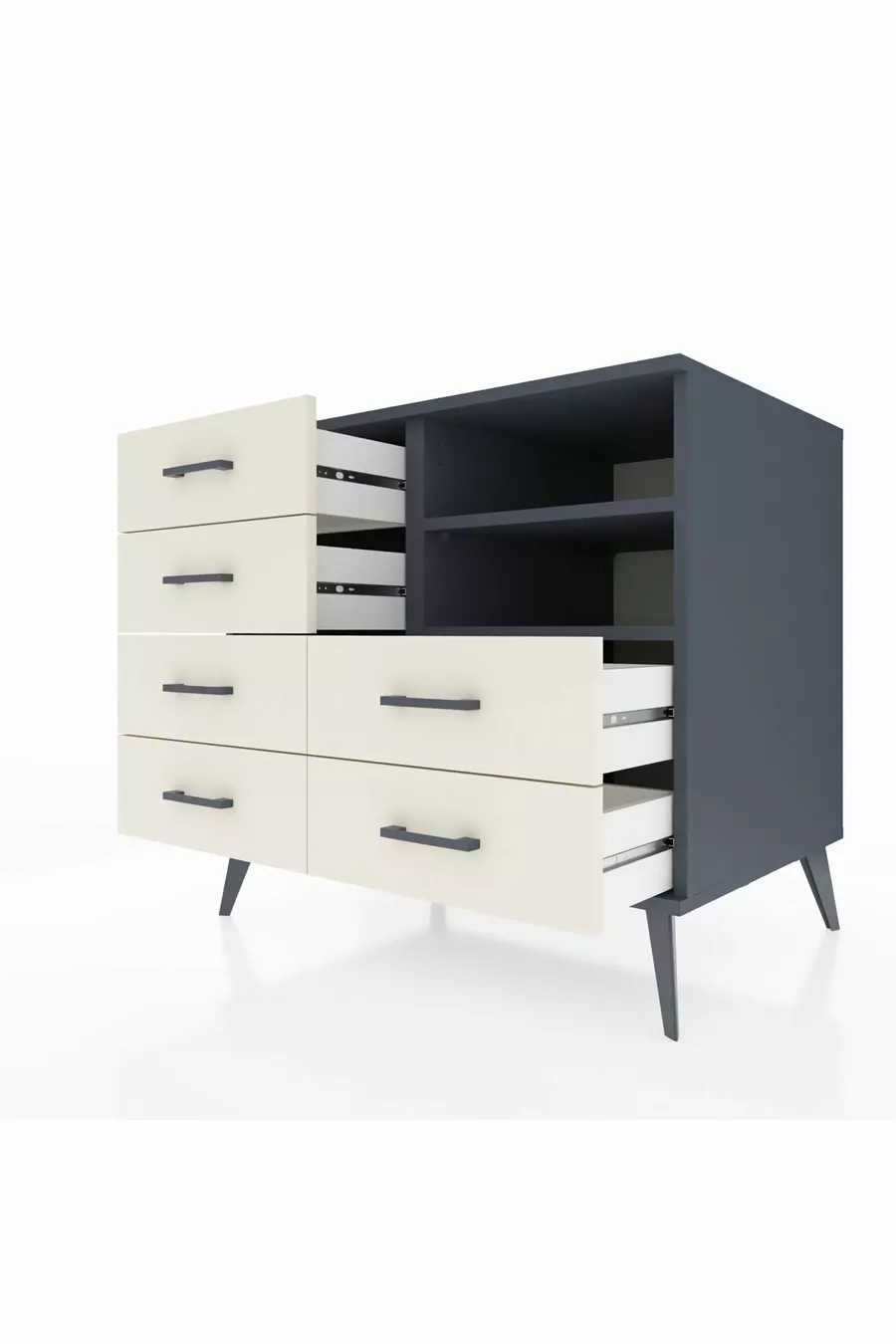 Commode Kronos 2 étagères 6 tiroirs Anthracite-Anthracite/Pierre de Lune