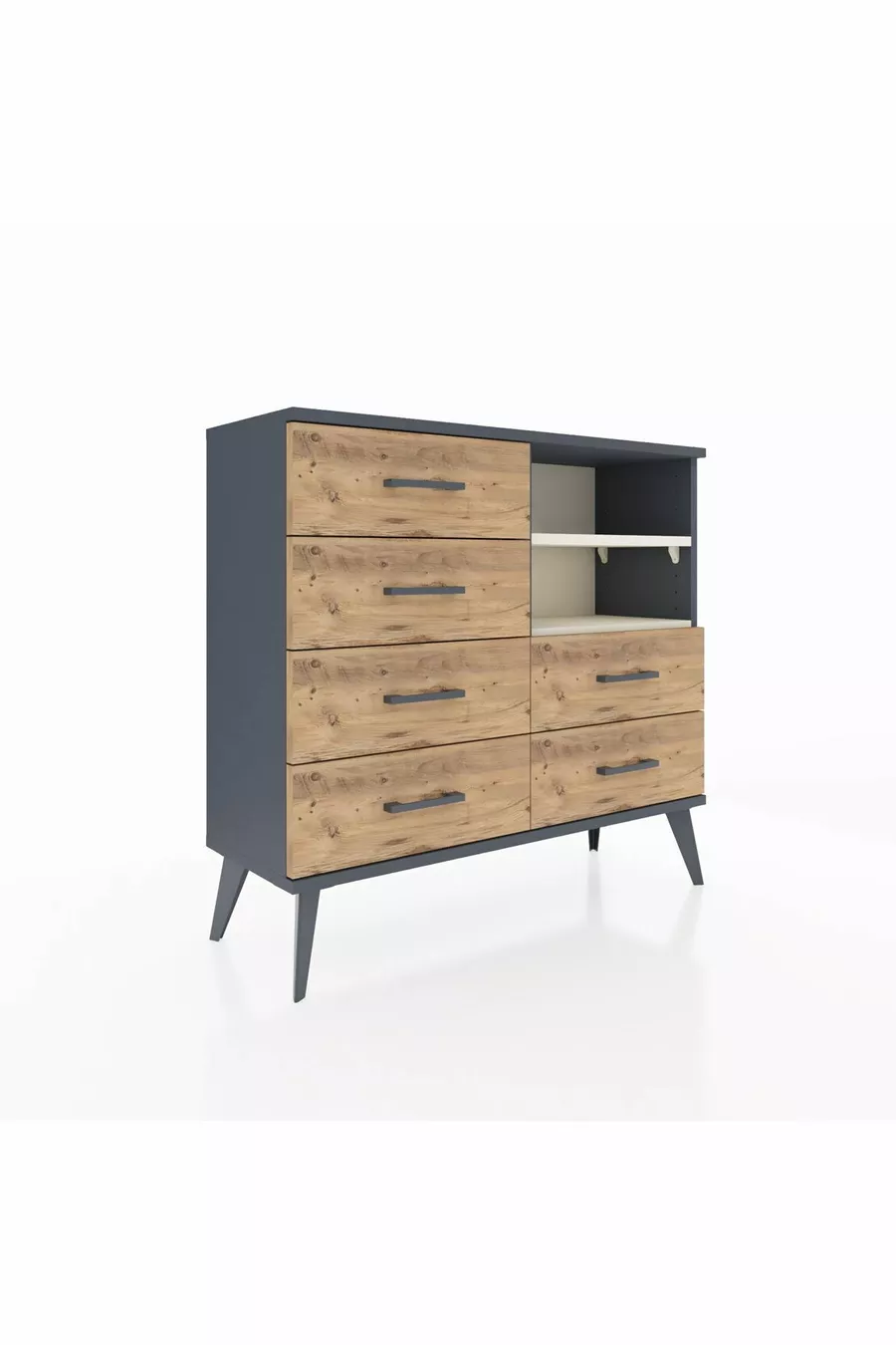 Commode Arges 2 étagères 6 tiroirs Anthracite-Pierre de lune/Merisiers