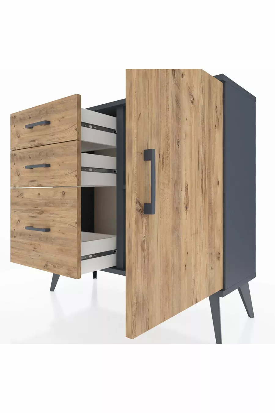 Commode Arges avec une seule étagère, 3 tiroirs et une porte, Anthracite-Pin