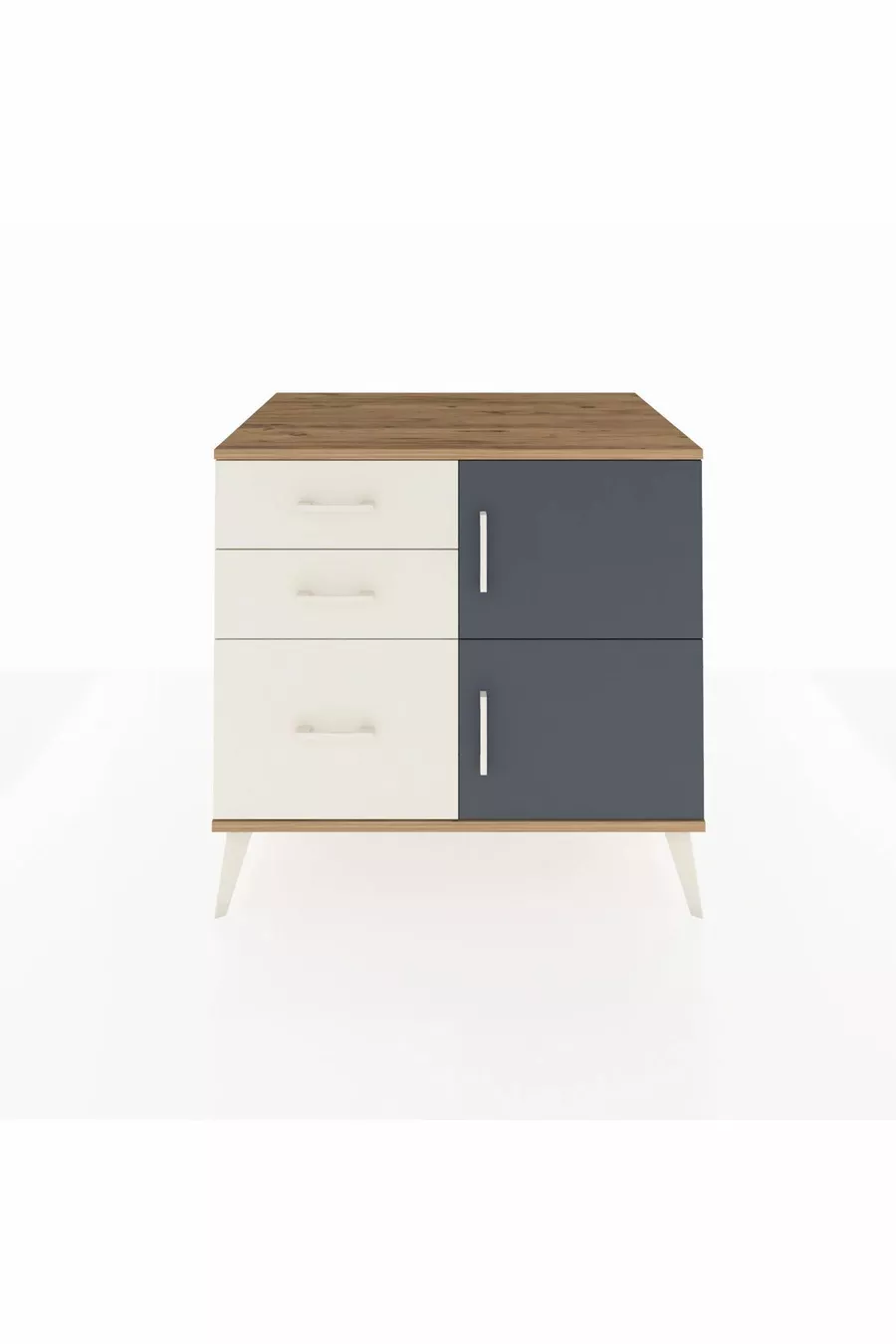 Commode Kronos à une étagère, 3 tiroirs et 2 portes, pin-anthracite/pierre de lune