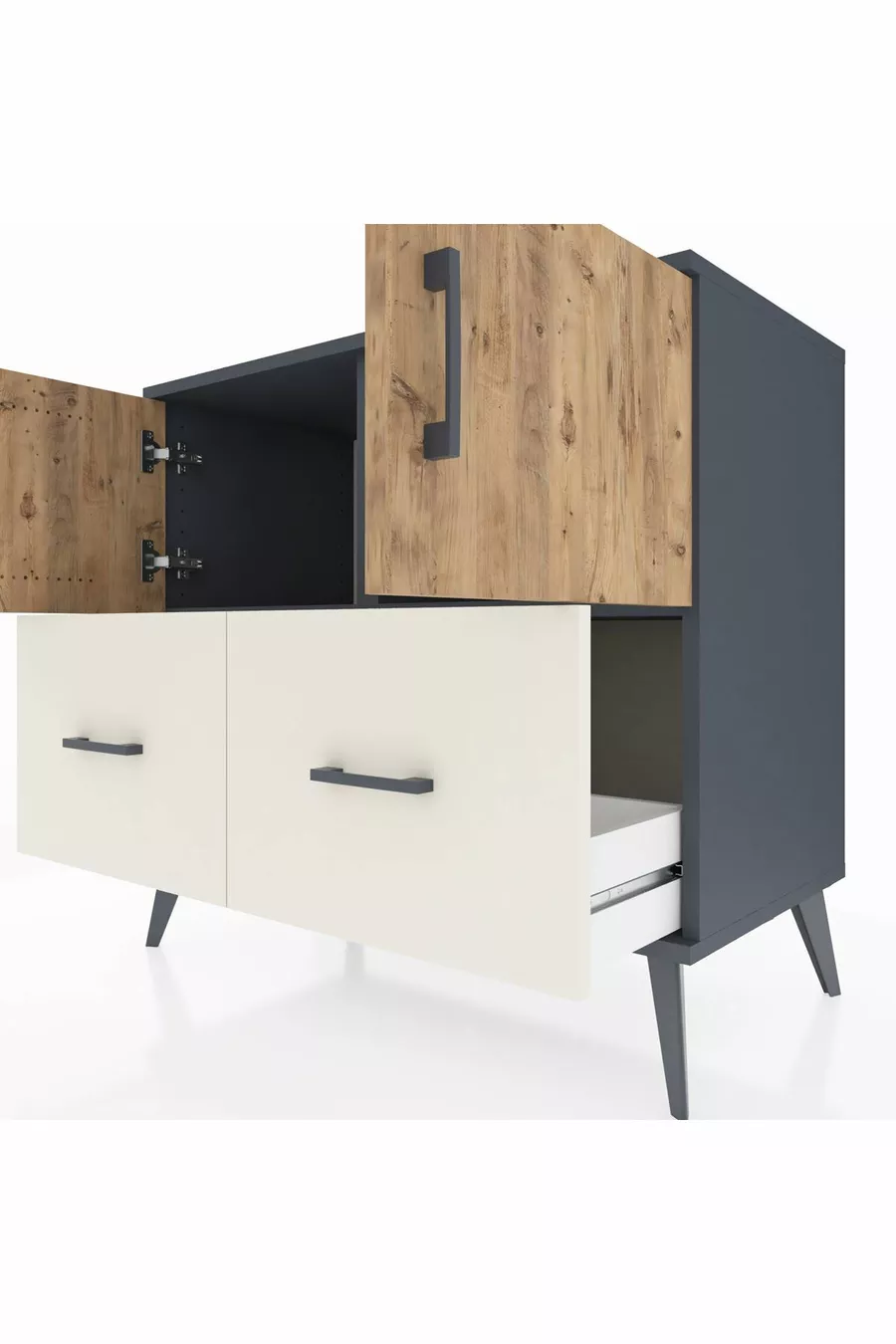 Commode Hyperion 2 étagères 2 tiroirs 2 portes Anthracite-Pin/Gris pierre