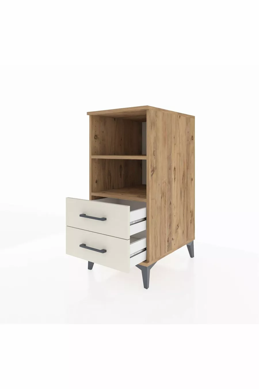 Table de chevet Kronos avec 2 étagères et 2 tiroirs, pin-granit
