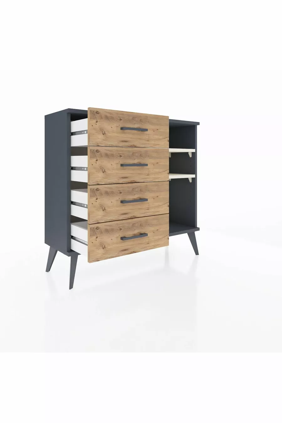 Commode Arges 2 étagères 4 tiroirs Anthracite-Pierre de lune/Merisiers