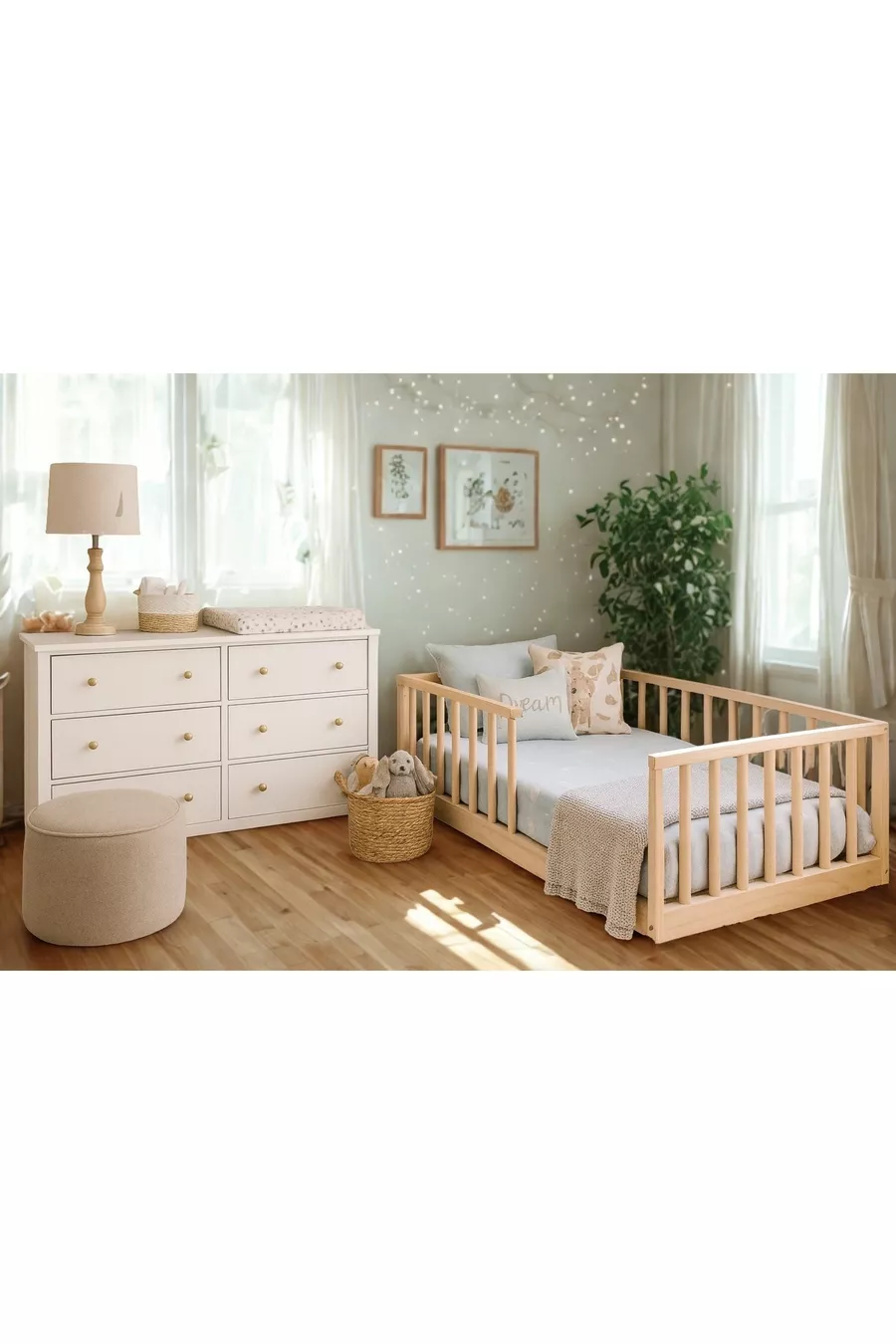 Lit pour enfant en bois massif naturel avec lattes rondes cm X cm Bois naturel