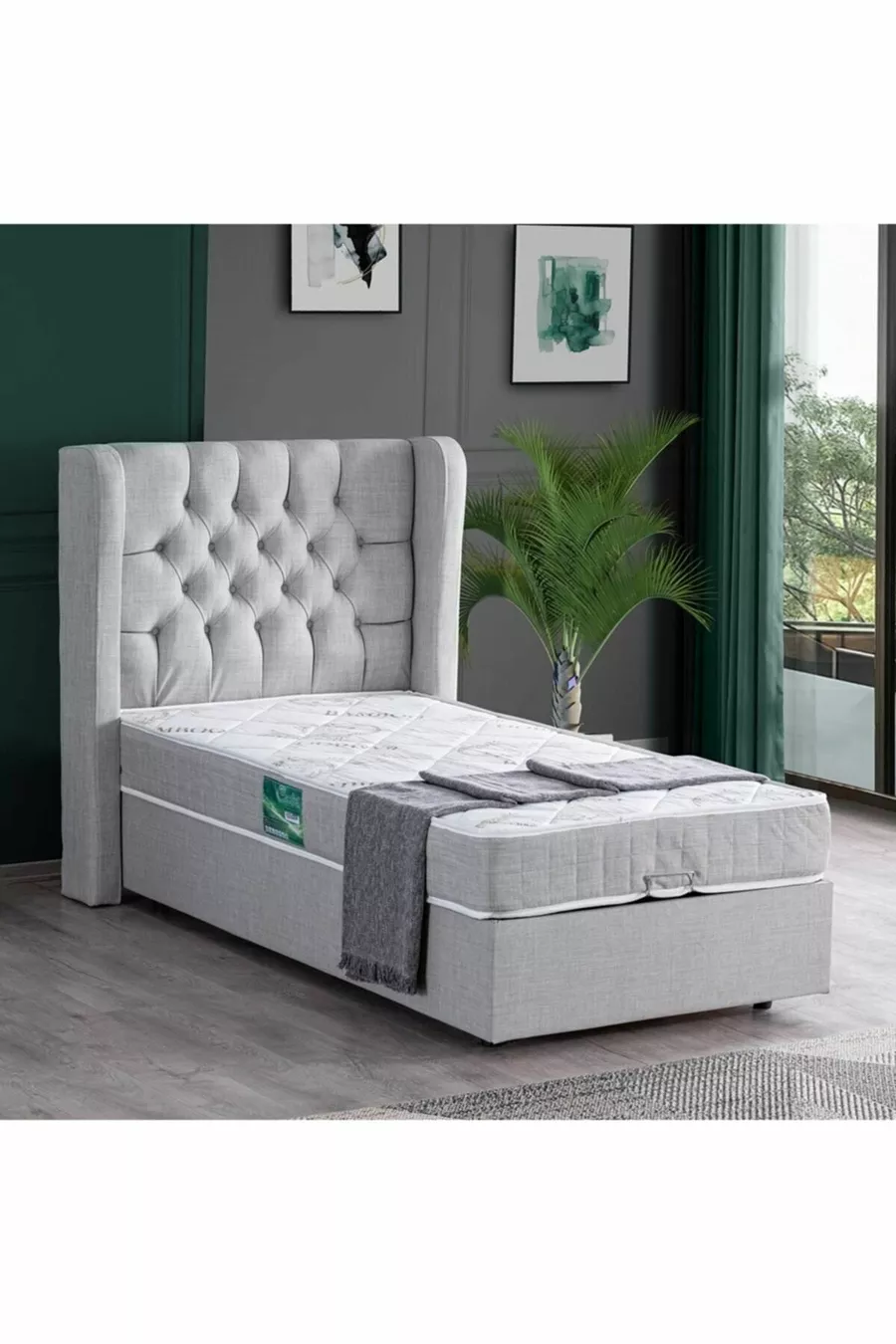 Рига Единично База с Табла Comfort Матрак Комплект, Светлосив